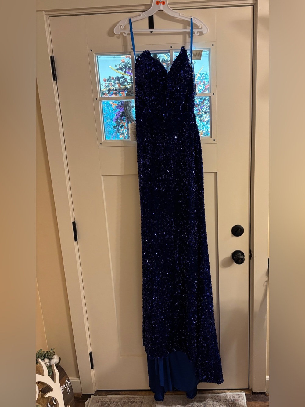 Navy Sequin Prom Gown with Beaded V-Neck
